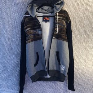 Fresh multi- fabric/pattern zip up hooded sweater